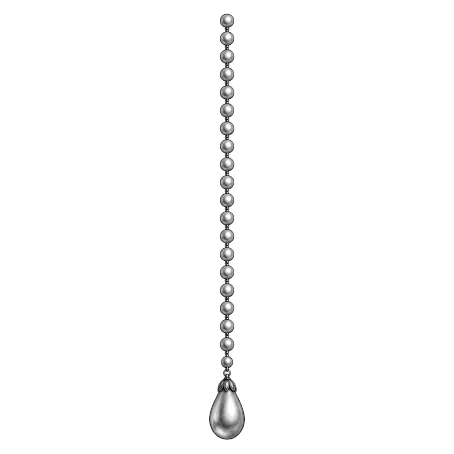 Black and grey spine tattoo of a hanging pearl strand with a teardrop pendant