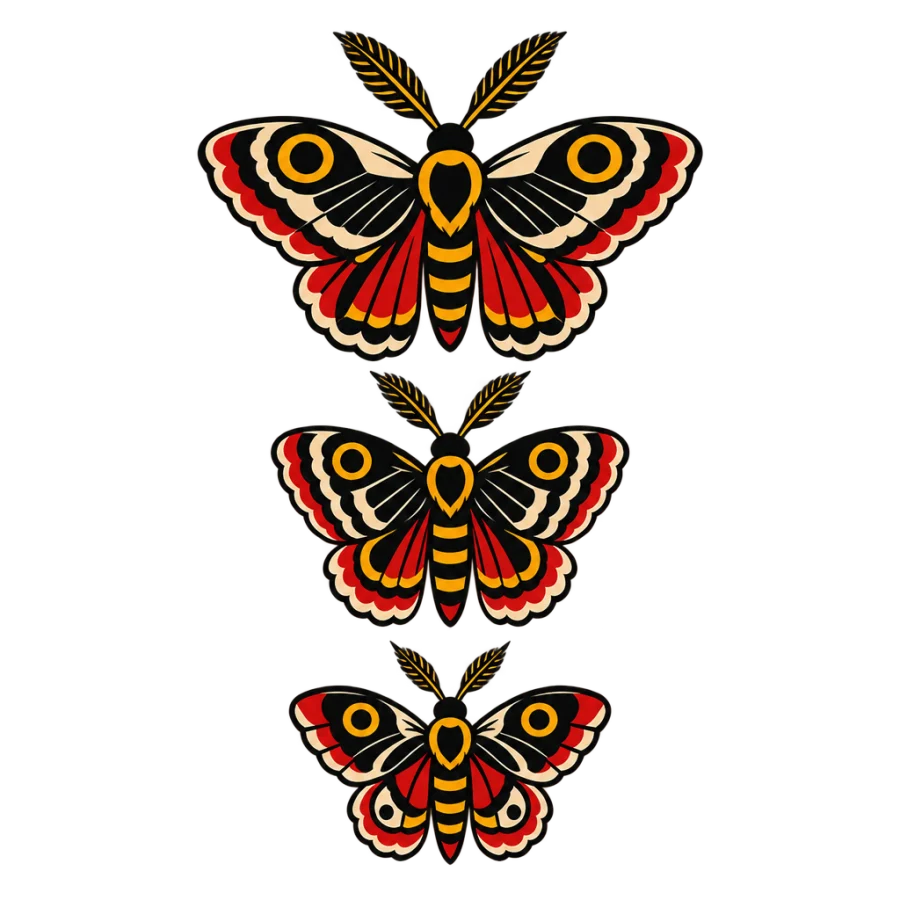 American traditional spine tattoo of three stacked moths with patterned wings