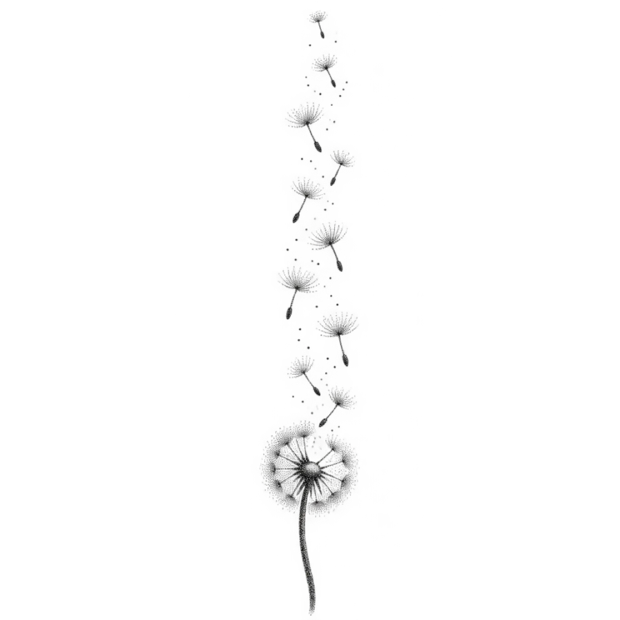 Dotwork spine tattoo of a dandelion releasing seeds drifting upward