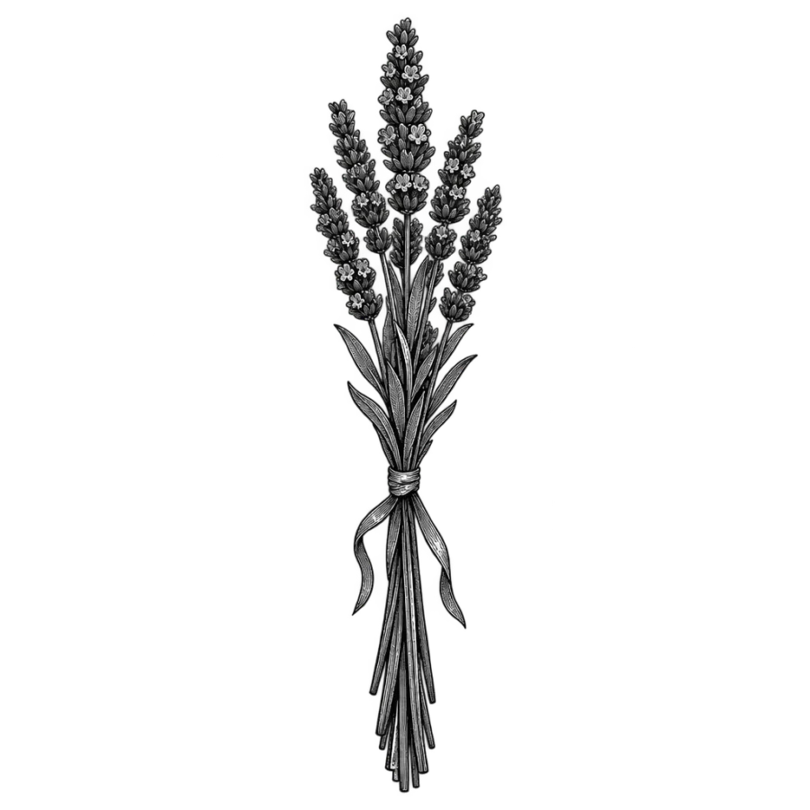Engraved spine tattoo of a lavender bundle bound with a thin ribbon
