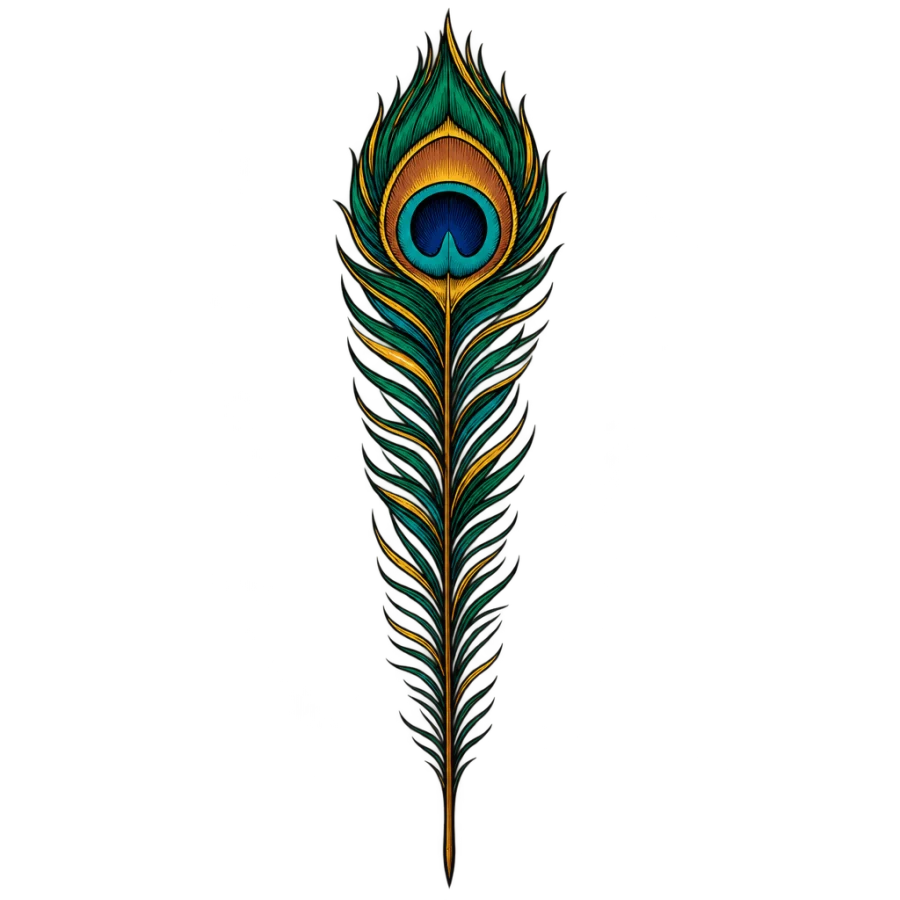 Neo traditional spine tattoo of an upright peacock feather with a detailed eye