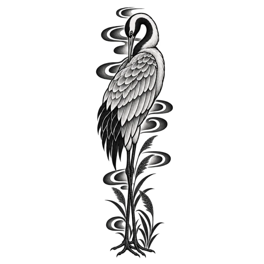 Japanese irezumi spine tattoo of a standing crane with reeds at its feet