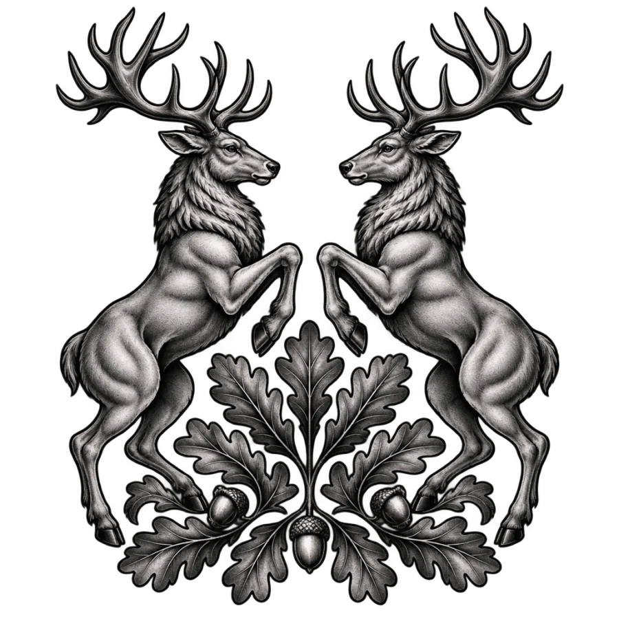 Neo traditional mirrored stag pair tattoo design shaped as a thigh panel