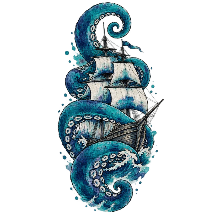 Watercolour octopus and sailing ship tattoo design sized for the thigh