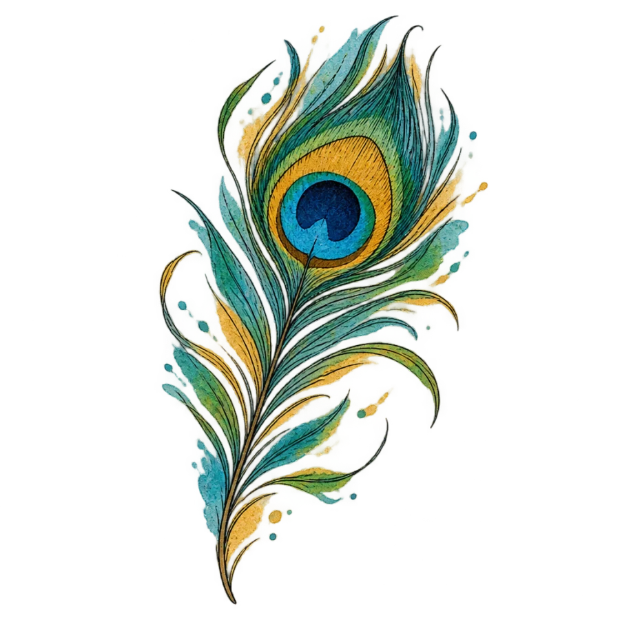 Watercolour peacock feather tattoo design sized for the outer thigh