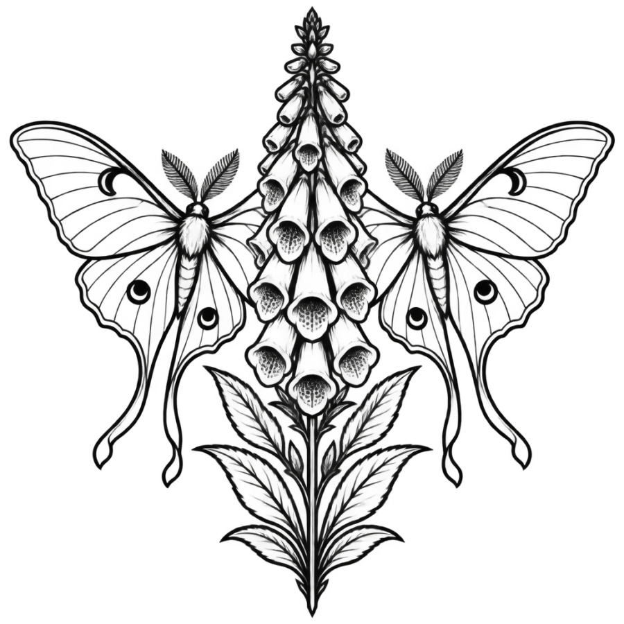 Symmetrical luna moth and foxglove tattoo shaped for the front thigh