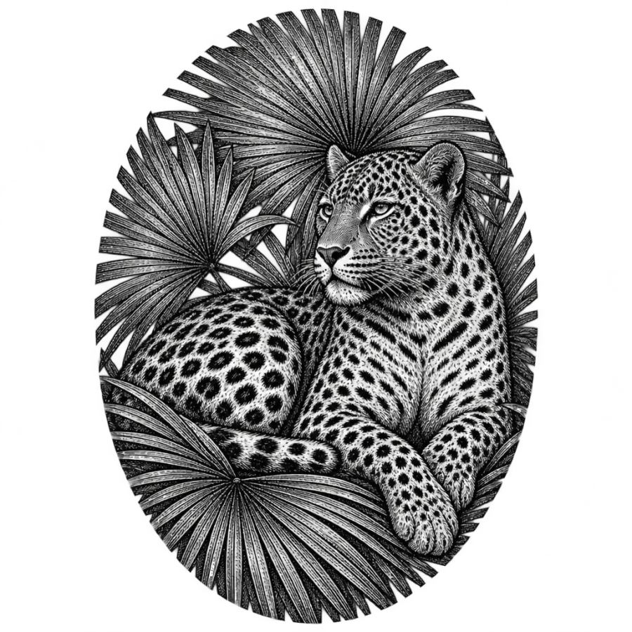 Engraved woodcut leopard and palm leaf tattoo oval sized for the thigh
