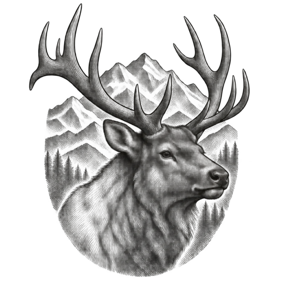 Engraved woodcut upper arm tattoo design of a bull elk head and mountains