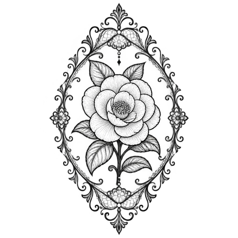 Ornamental filigree tattoo design framing a single camellia bloom in lace scrollwork