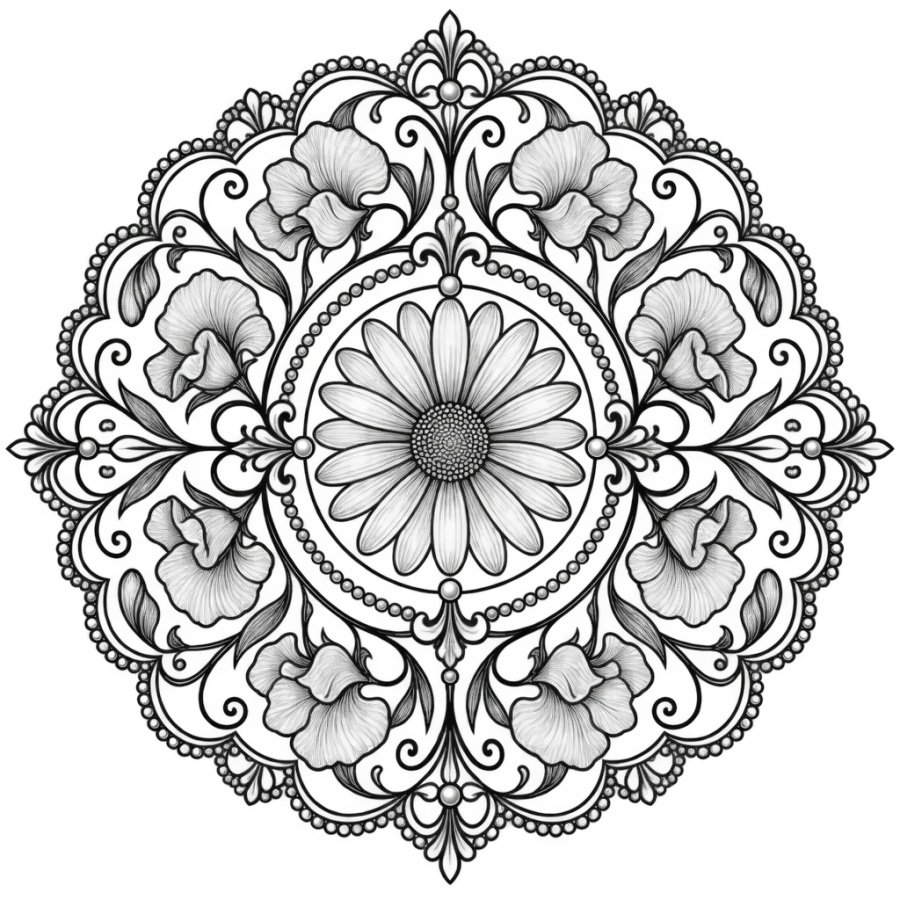 Ornamental filigree tattoo of a daisy medallion ringed with sweet peas