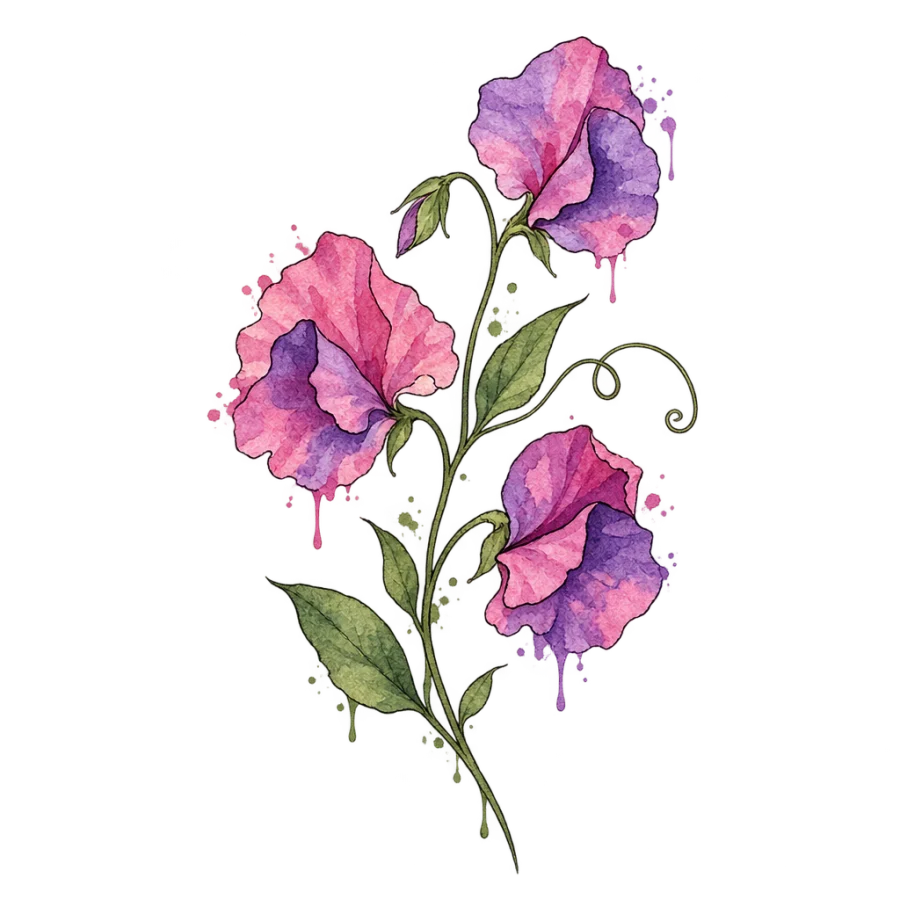 Watercolor tattoo of a sweet pea sprig with ruffled blooms and tendril
