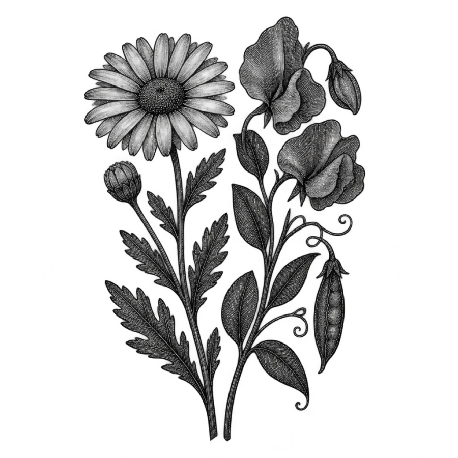 Engraved botanical tattoo design pairing an April daisy and sweet pea stem