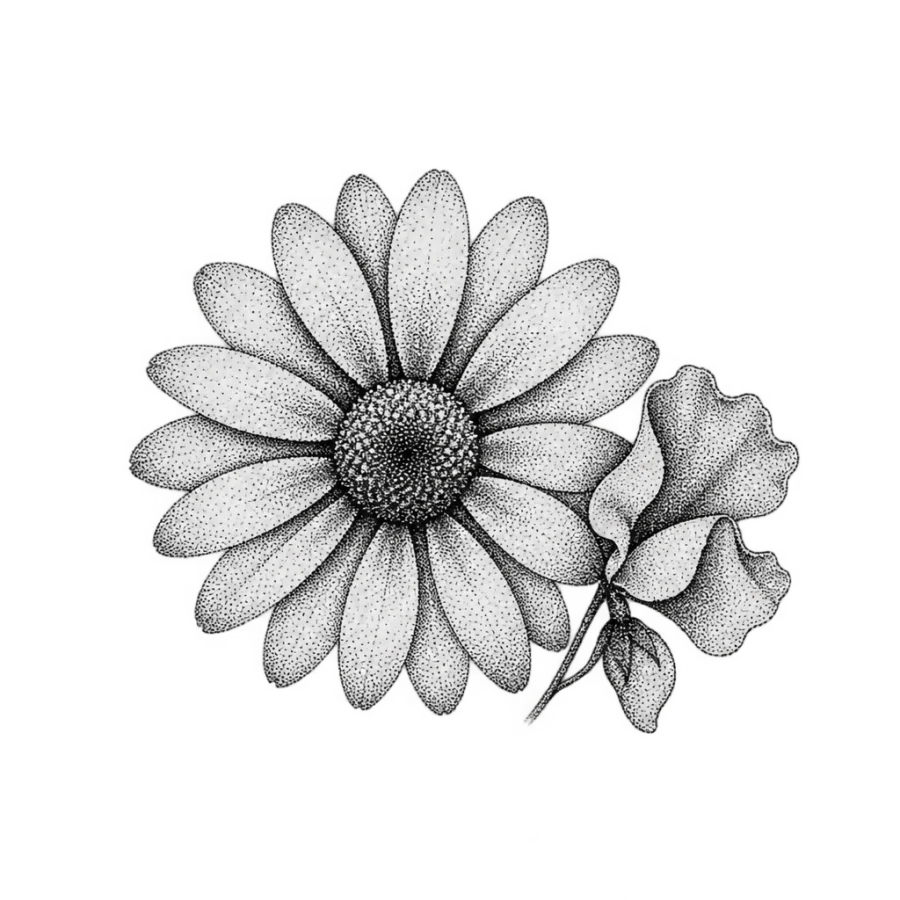 Dotwork stippled tattoo design of a daisy from above with a sweet pea