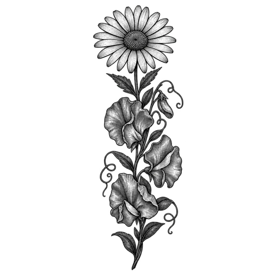 Engraved woodcut tattoo stacking an April daisy above a sweet pea stem