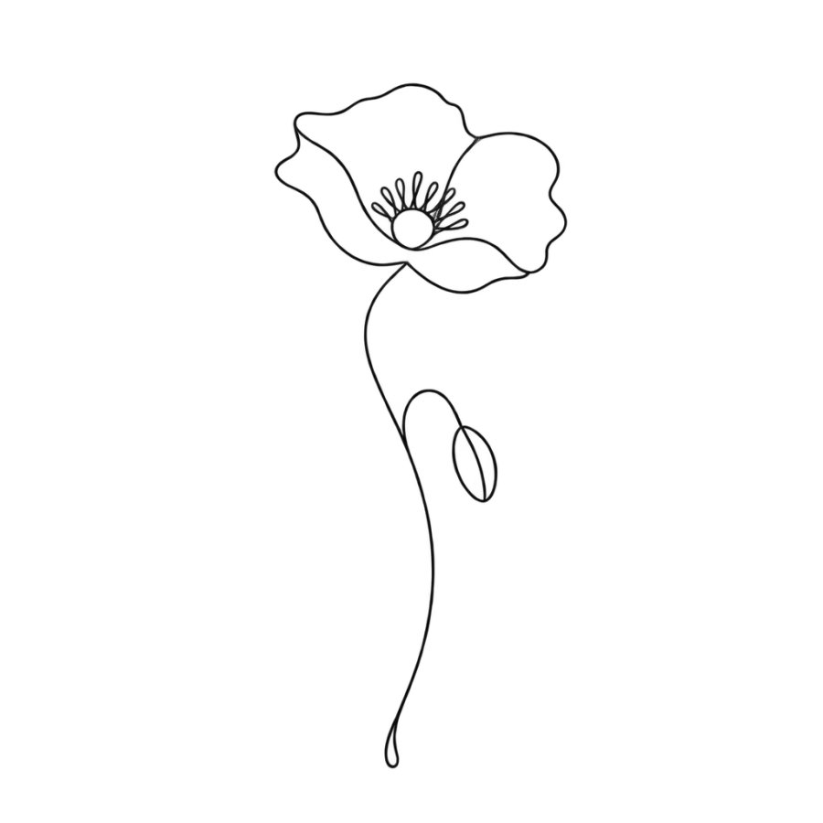 Minimalist single line tattoo of a poppy on a bending stem