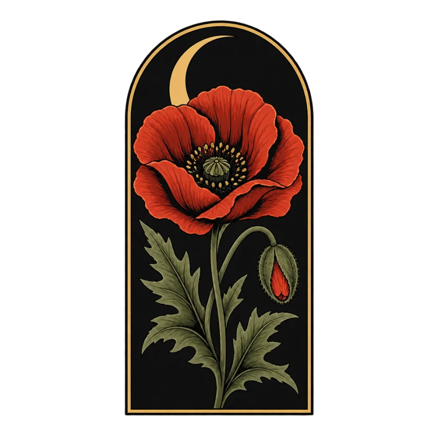 Neo traditional tattoo of a poppy in an arch with a crescent moon