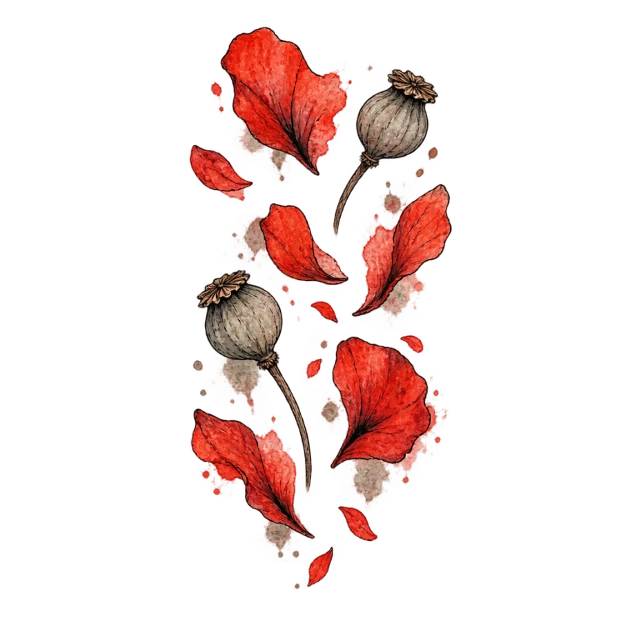 Watercolor tattoo of falling poppy petals and two dry seed pods