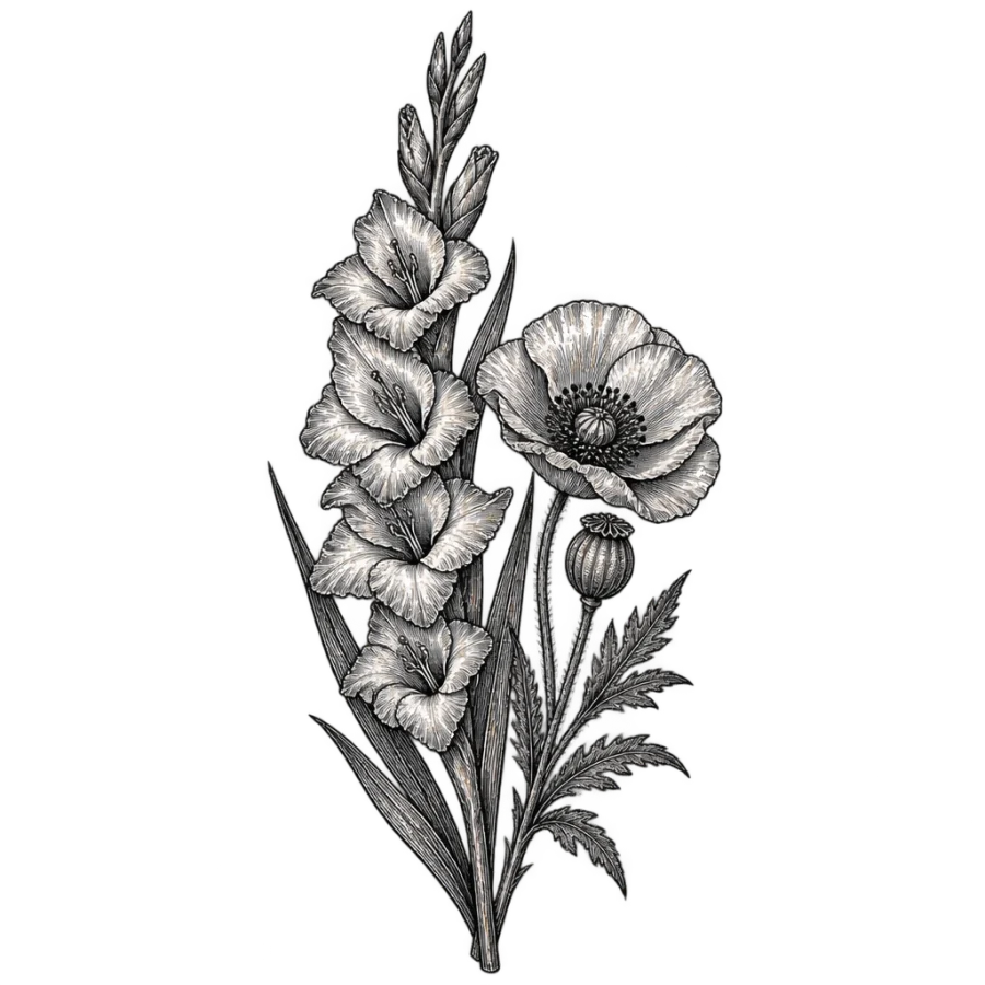 Engraved botanical plate tattoo design of August gladiolus and poppy together