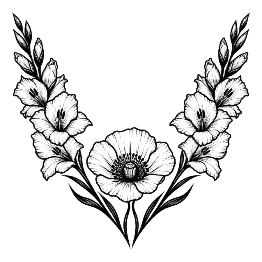 Symmetrical mirrored gladiolus and poppy tattoo design for August birth flowers