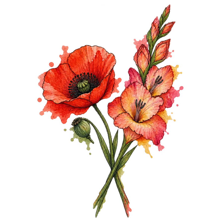 Watercolor poppy and gladiolus tattoo design with washes bleeding past the lines