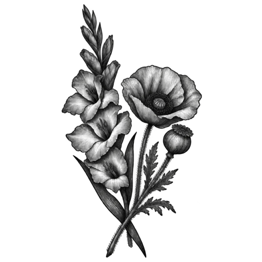 Engraved tattoo of a gladiolus crossed with a poppy and seed pod