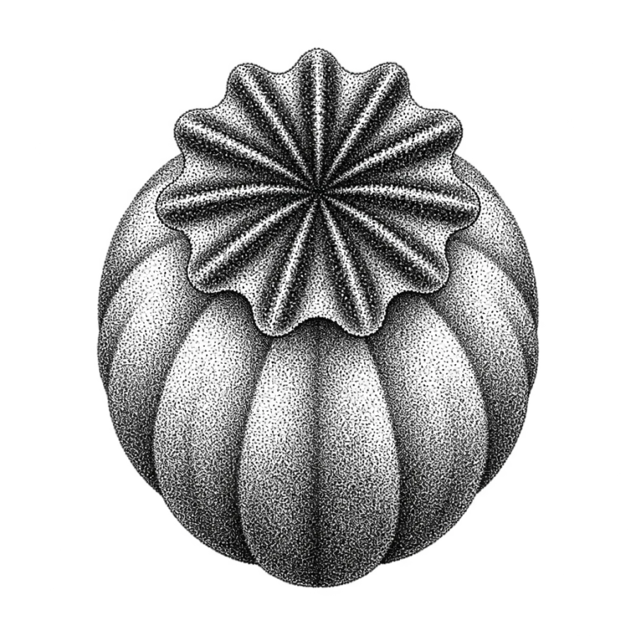 Dotwork tattoo of a ribbed poppy seed pod seen from above