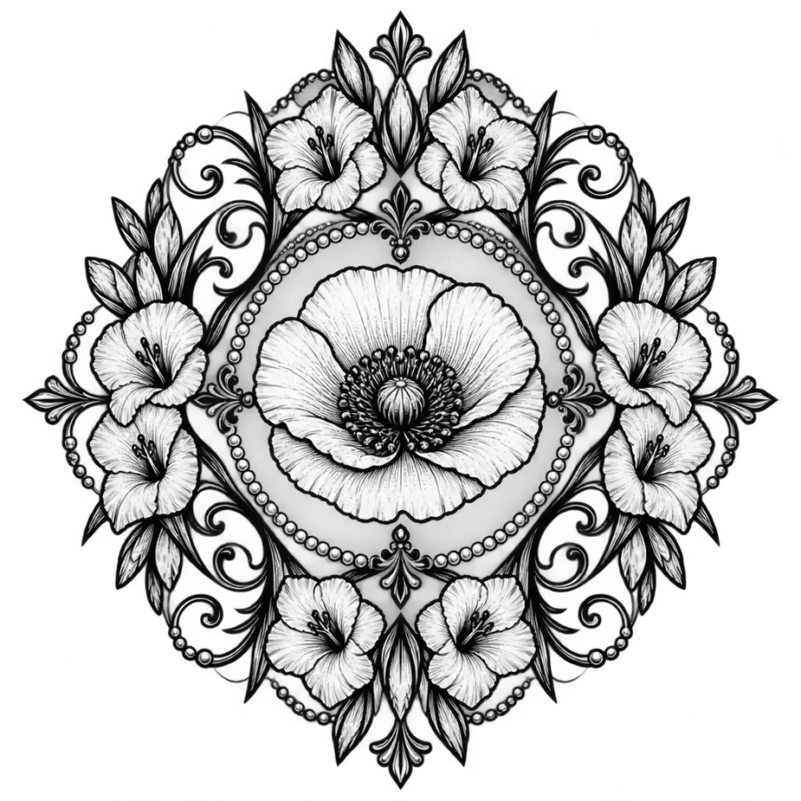 Filigree tattoo medallion of a poppy ringed with gladiolus blooms
