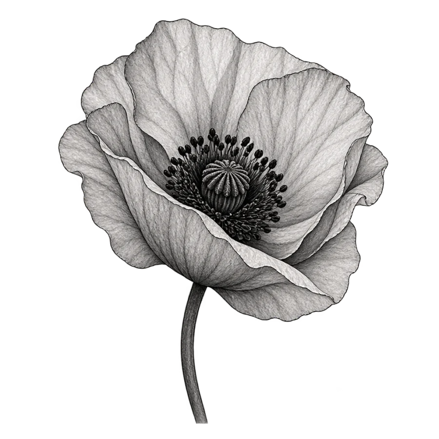 Black and grey realism tattoo of an open poppy with crinkled petals