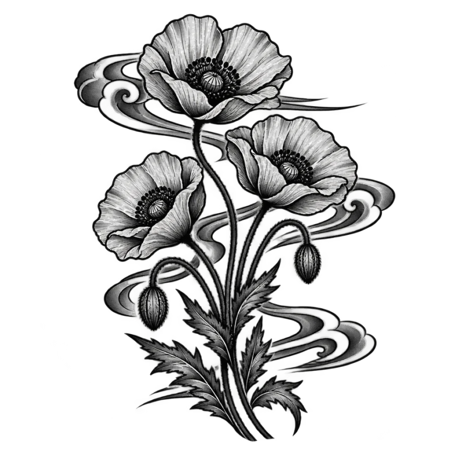 Japanese irezumi tattoo of three poppies bending in the wind