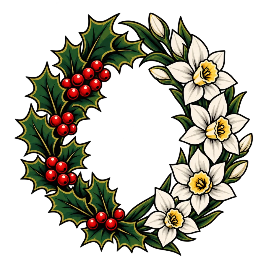 Neo traditional tattoo design of a holly and narcissus wreath medallion