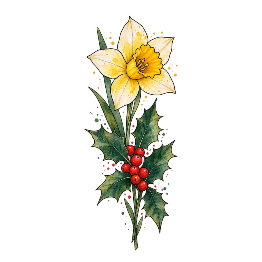 Watercolor tattoo design of narcissus and holly stacked in one bouquet