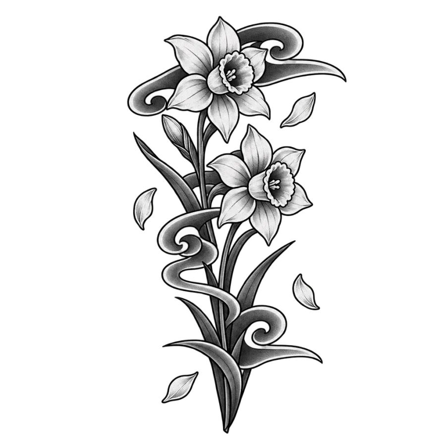 Japanese irezumi tattoo design of a narcissus stem framed by wind bars