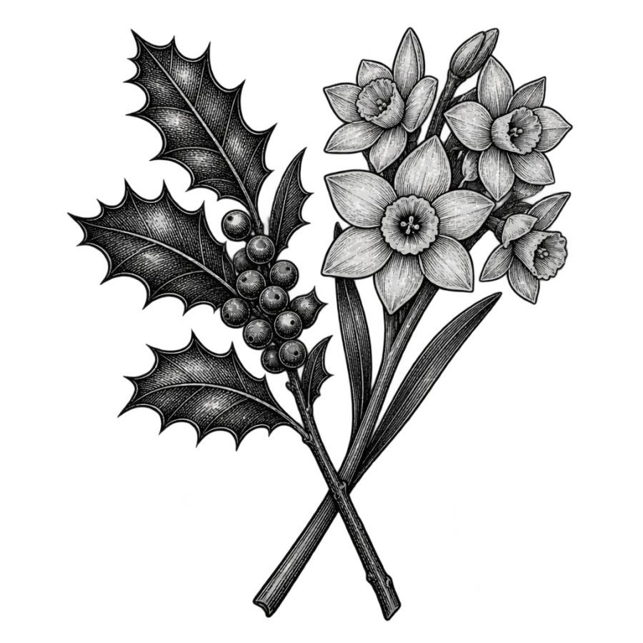 Engraved botanical plate tattoo of December holly and paperwhite narcissus