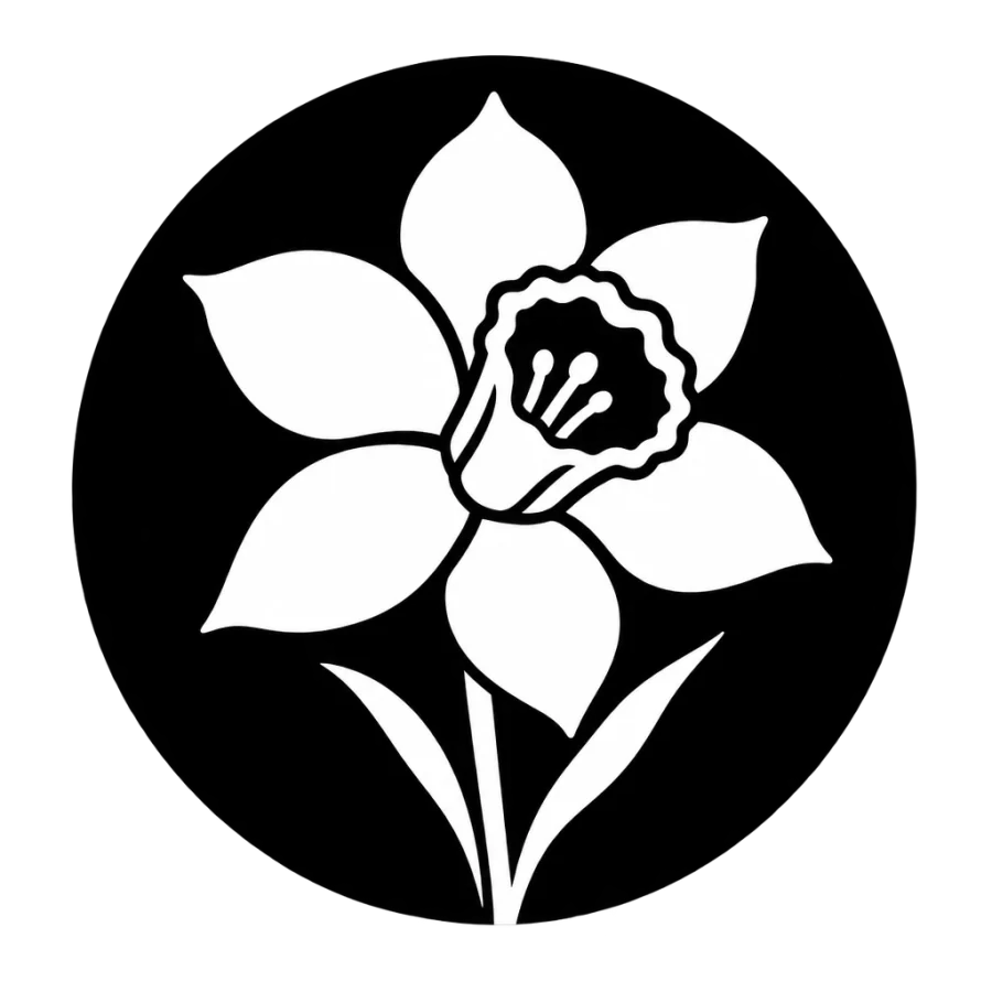 Blackwork narcissus tattoo cut as negative space in a solid black disc