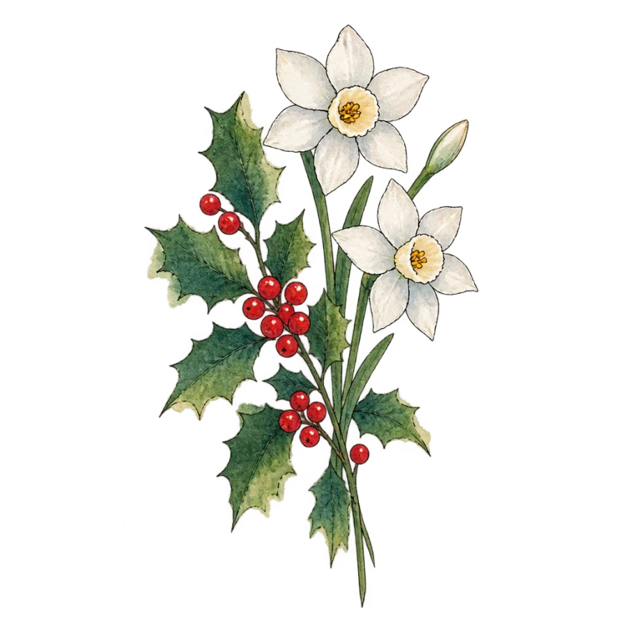 Watercolour holly and narcissus tattoo design for the December birth flower