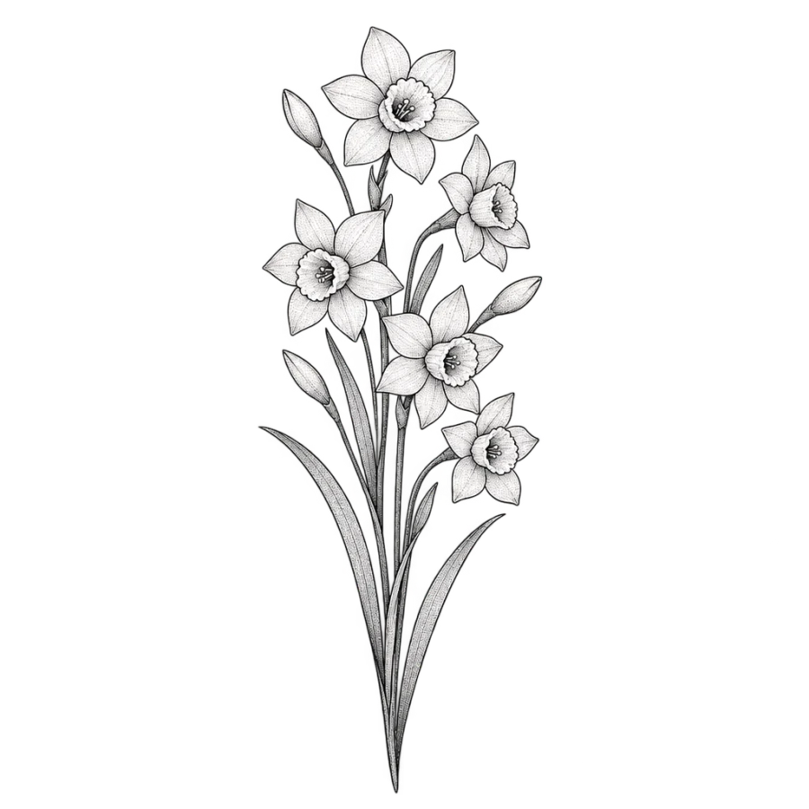 Fine line tattoo design of a tall paperwhite narcissus cluster with strap leaves