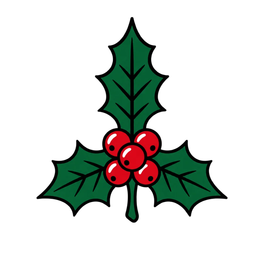 American traditional tattoo design of a holly sprig with bold outlines and berries