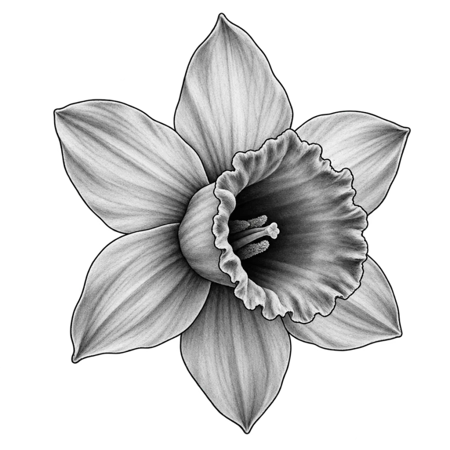 Black and grey realism tattoo design of a narcissus trumpet seen close up