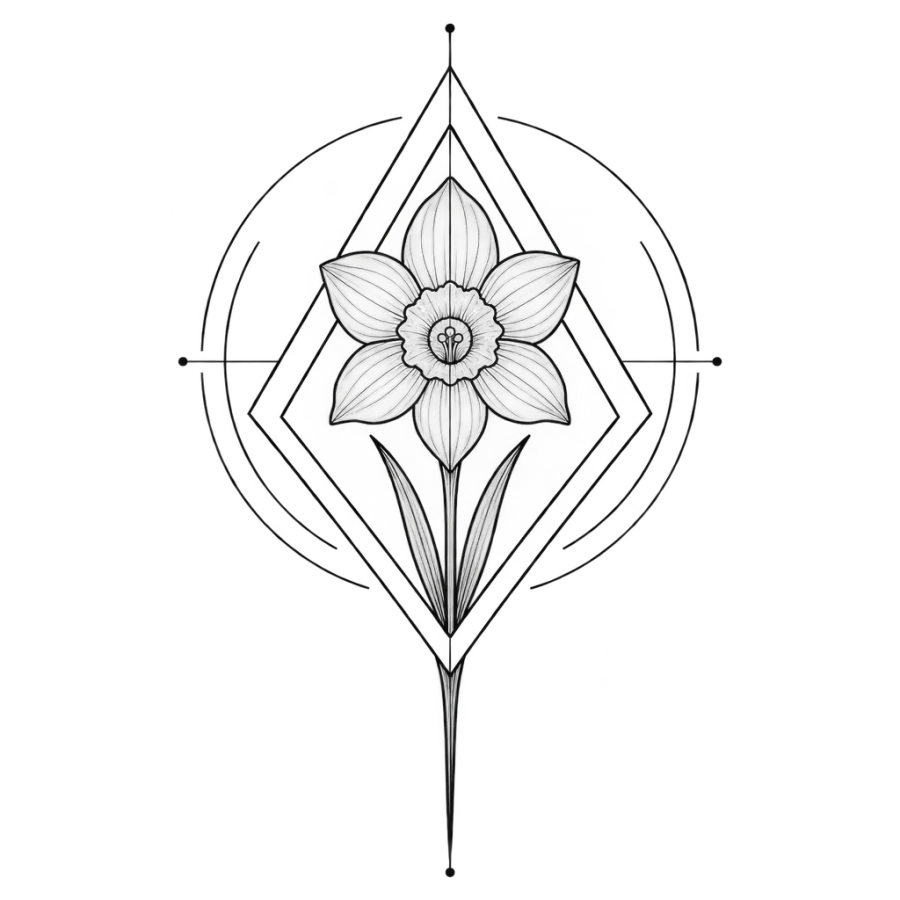 Geometric linework tattoo design of a narcissus framed by nested triangles