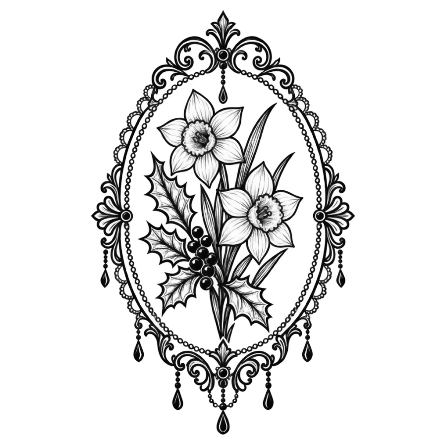 Ornamental filigree tattoo design framing holly and narcissus in a lace oval