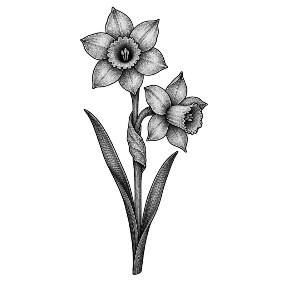 Engraved woodcut tattoo design of a narcissus stem with two open blooms