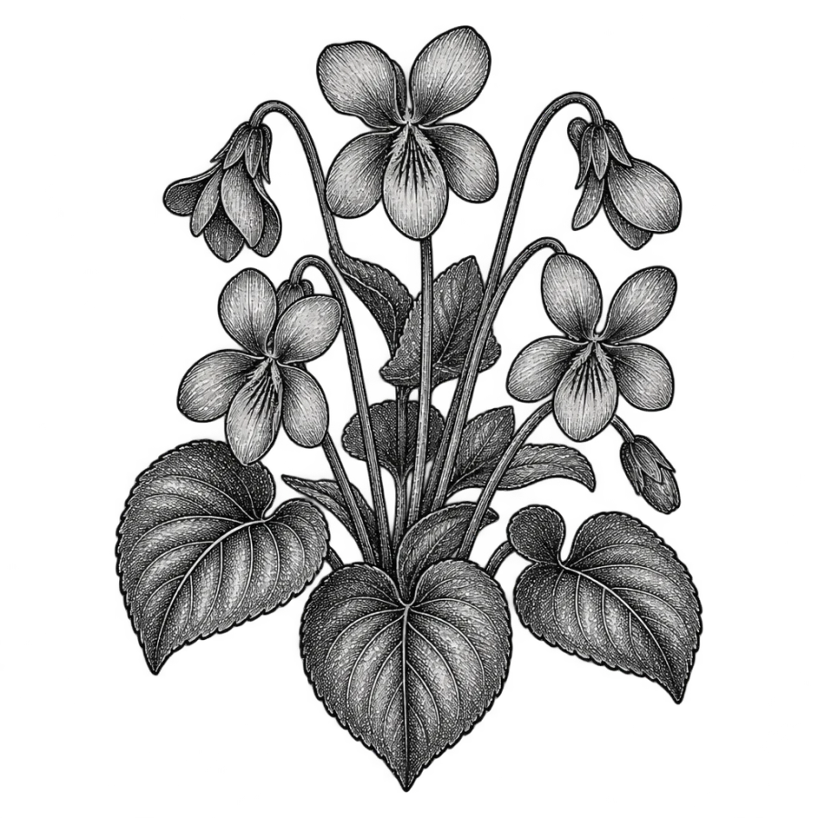 Engraved sweet violet cluster tattoo design for February birth flower