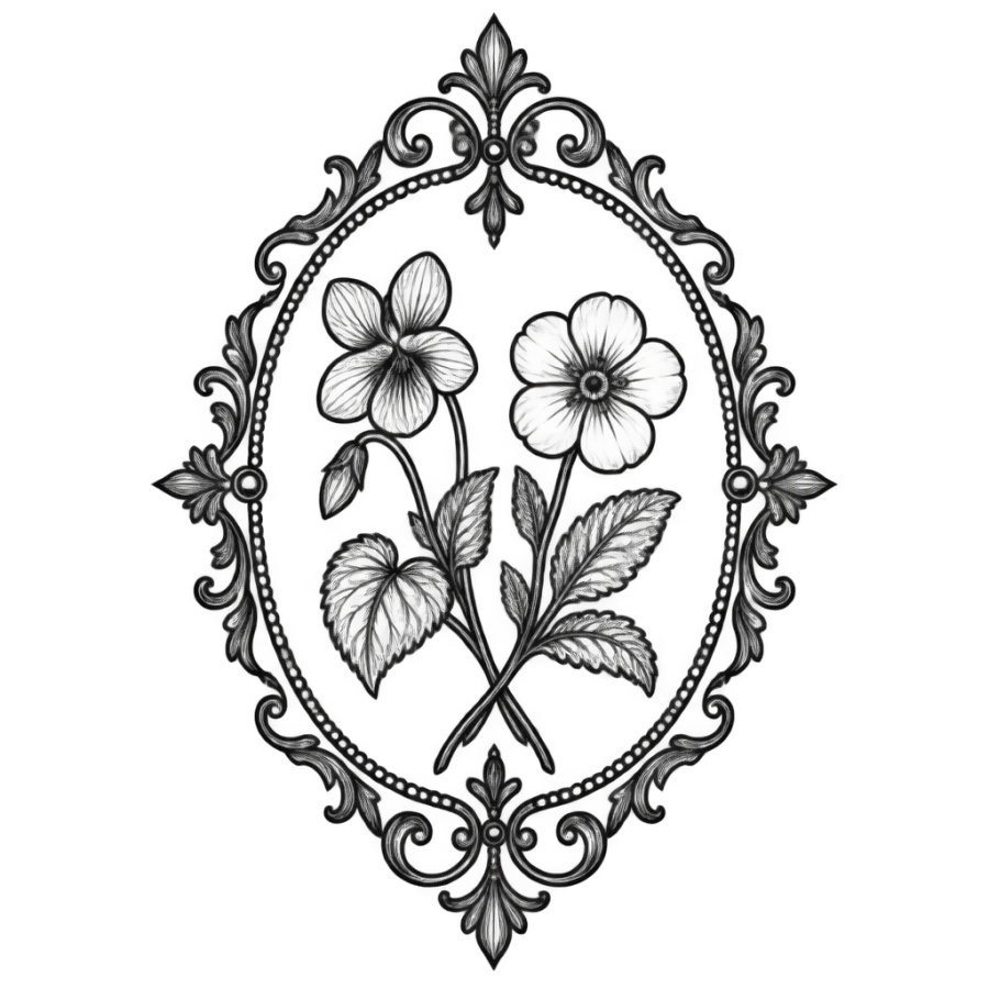 Filigree framed violet and primrose tattoo design for February