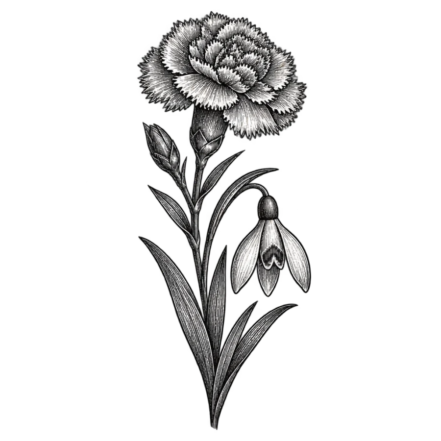 Engraved botanical plate tattoo of January carnation and snowdrop flowers