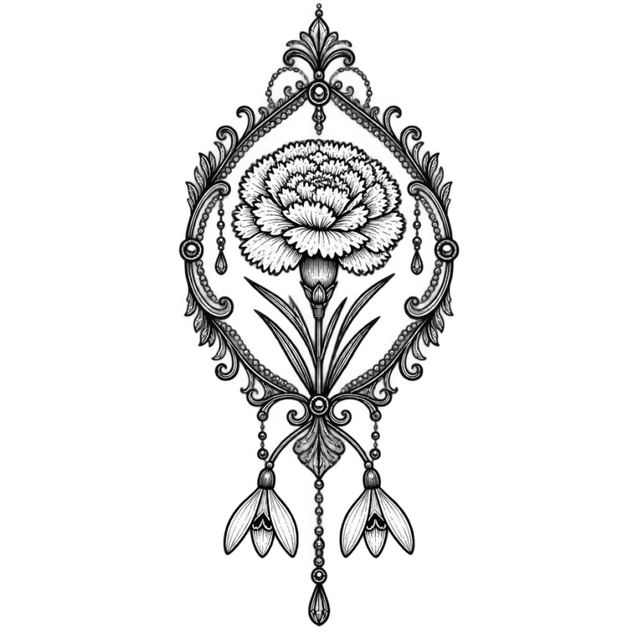 Ornamental filigree medallion tattoo with January carnation and snowdrop blooms