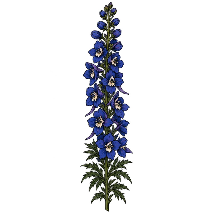 Neo traditional tattoo of a tall larkspur spike with spurred florets