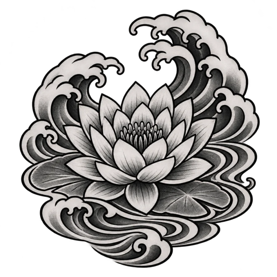 Japanese irezumi tattoo of a water lily among curling wave crests