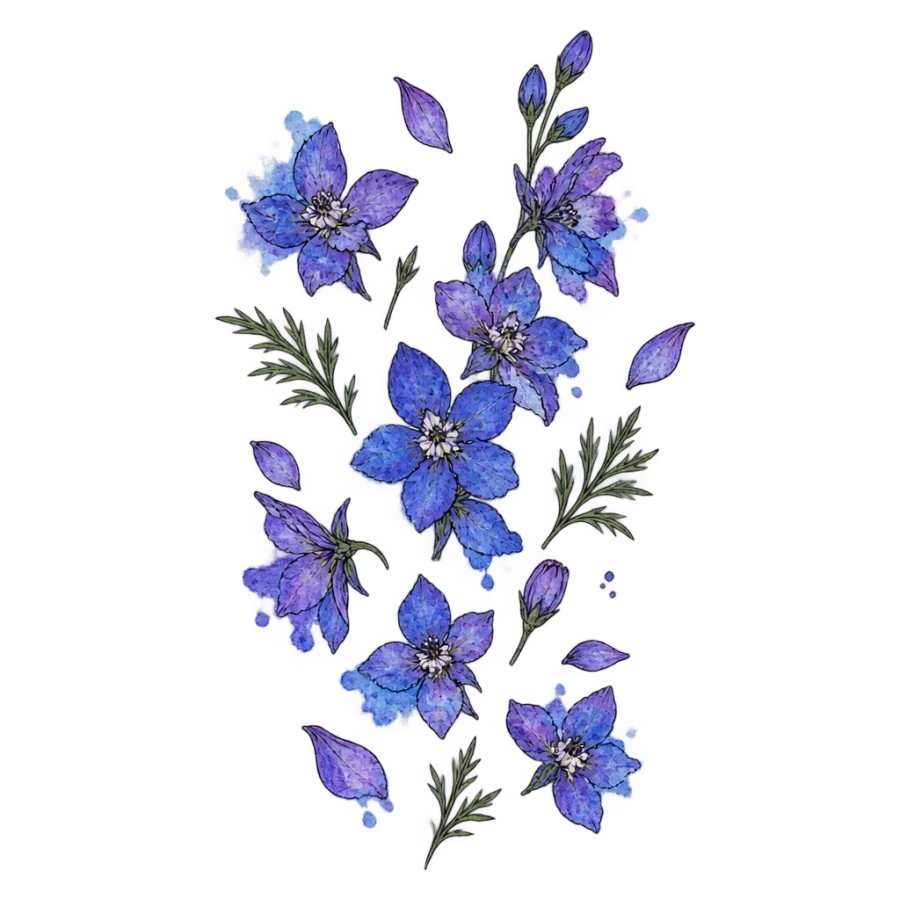 Watercolor tattoo of scattered larkspur florets drifting with leaves