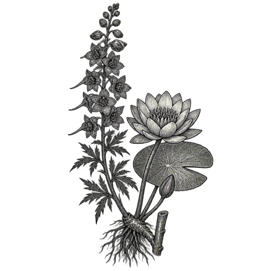 Engraved botanical plate tattoo of larkspur beside a water lily bloom