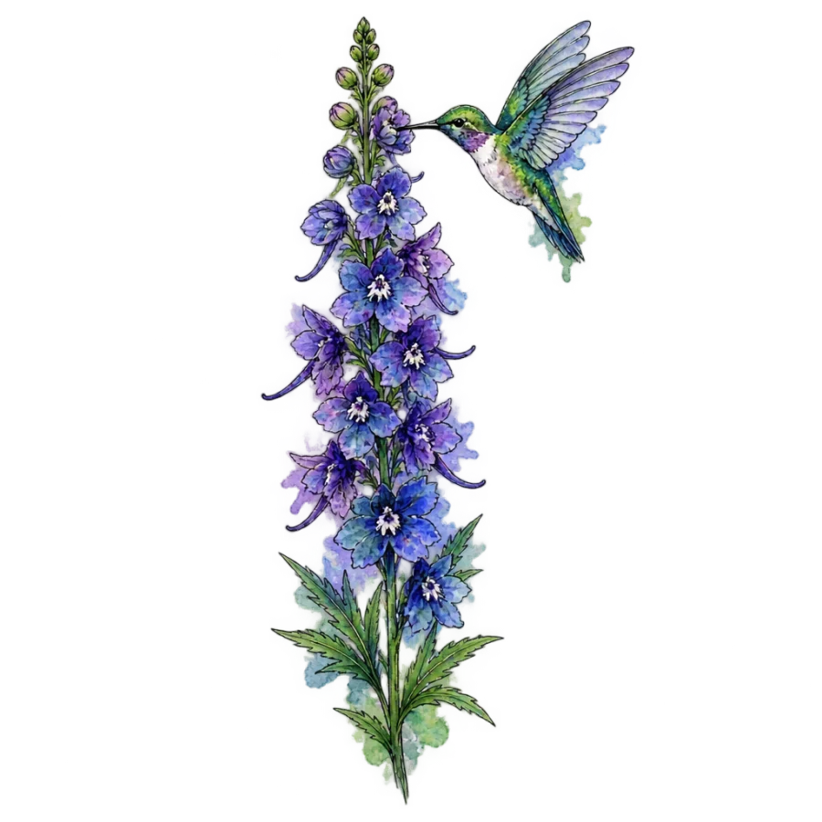 Watercolour hummingbird and larkspur tattoo design for a July birthday